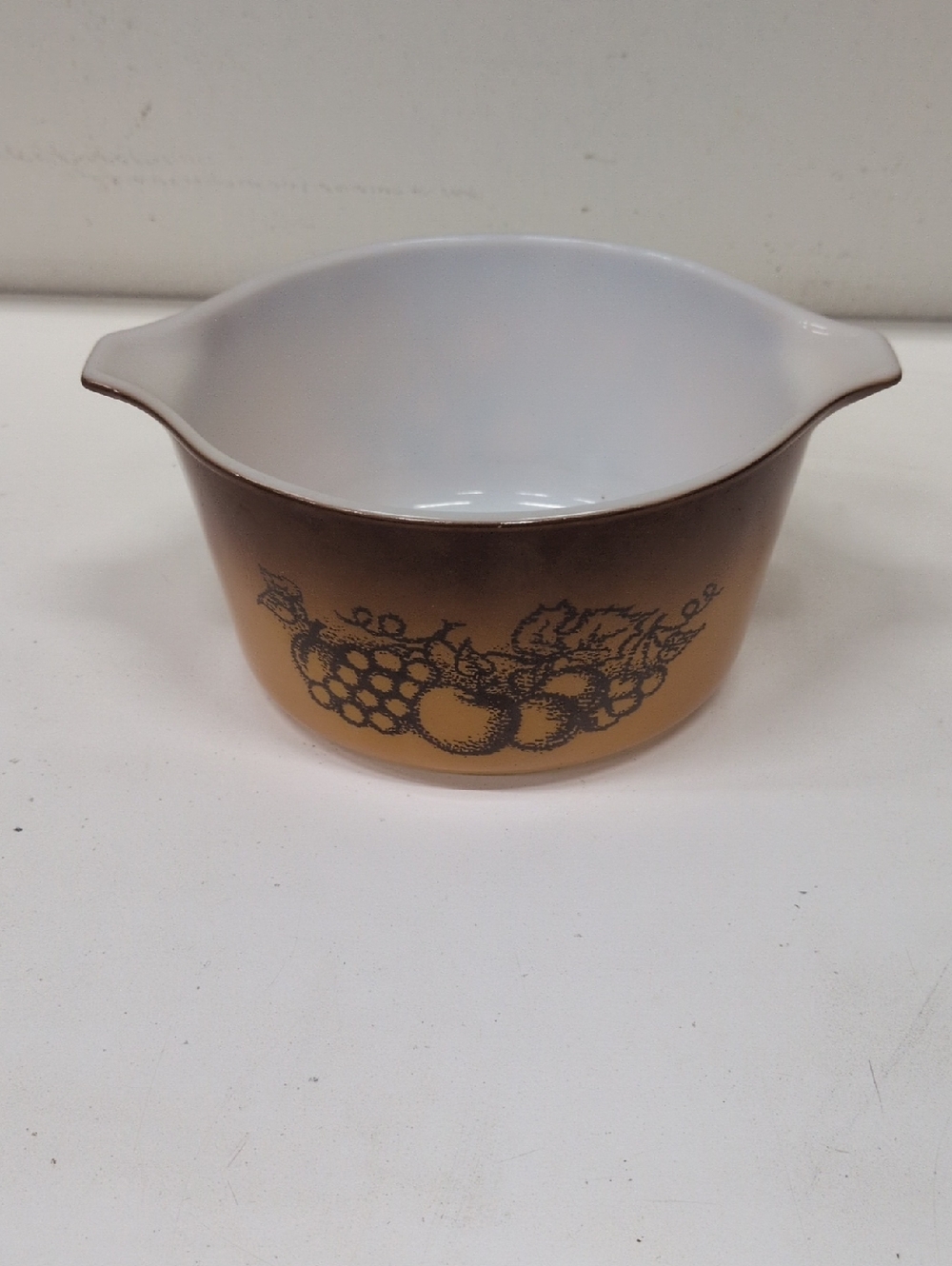 Pyrex Old Orchard Vintage Glass Serving Bowl in Golden Brown with Fruit Motif